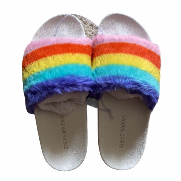 NEW Steve Madden rainbow fuzzy slides /sandals - Picture 5 of 9